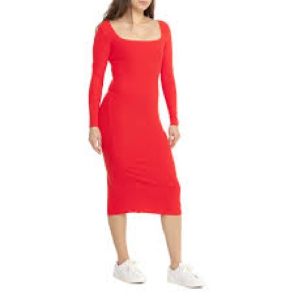 Spiritual Gangster Vibrant Red Luly Slim Rib Long Sleeve Dress size S